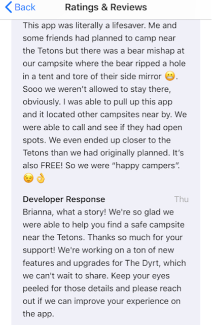 Davis wrote a positive review about The Dyrt on the app store after she used the app to locate a new camp site after a run-in with a bear.